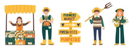 Farmers in modern style at the farmers market. Local organic production concept. healthy eating. Eat local vector illustration set.のイラスト素材