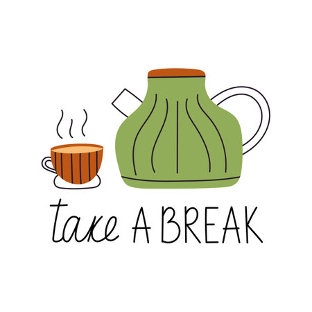 Teapot with Cup. Take a Break. Concept of Self-love. Element for print, postcard and poster. Vector illustrationのイラスト素材