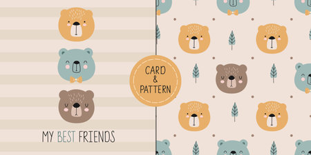 Seamless childish pattern with cute bear, trees and dots. Three cute bears with a quote are My best friends. Animal seamless background. Scandinavian style element for t-shirt printのイラスト素材
