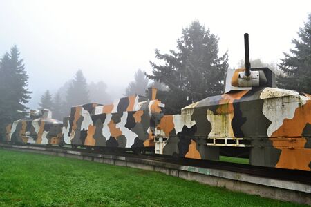 armored train in fog / Slovakia Zvolen 2014 October 14 Memorial to World War 2のeditorial素材