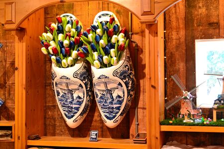 Zaanse Schans August 29 2019 Painted wooden shoe with tulips