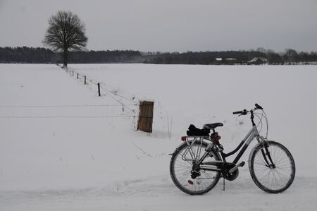 A Bicycle parking in a Snow-Covered landscape in the East of the Netherlandsの写真素材