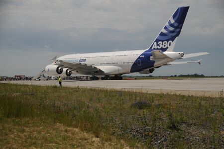 BERLIN, GERMANY - JUNE 11, 2010. Demo flight of the Airbus A380 at the Internationale Luftfahrt Ausstelling, ILA in Berlin on June 11. The A380 is the largest passenger airliner in the world.のeditorial素材