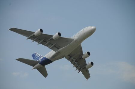 BERLIN, GERMANY - JUNE 11, 2010. Demo flight of the Airbus A380 at the Internationale Luftfahrt Ausstelling, ILA in Berlin on June 11. The A380 is the largest passenger airliner in the world.のeditorial素材
