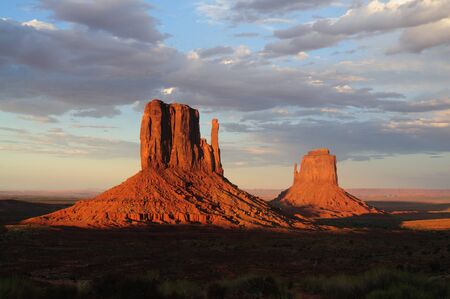 Classic rock formations known as Buttes in Monument Valley in Arizona  during sunset.の写真素材