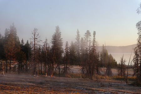 A sunrise in the West Thumb Area in Yellowstone National Parkの写真素材