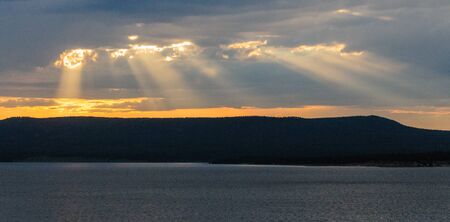 Dead Tree Trunks resulting from a forest fire backlit by the setting sun across lake Yellowstone: Yellowstone National Park, Wyoming.の写真素材