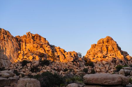 Hidden Valley, in Joshua Tree National Park, during golden hour just before sunset.の写真素材