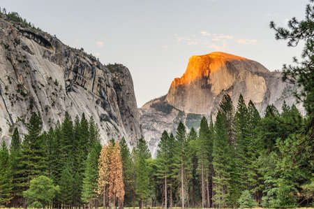 The setting sun illuminates parts of Half Dome with bright golden colors. This particular sunset was shot from the floor of Yosemite Valley, in Yosemite National Parkの写真素材