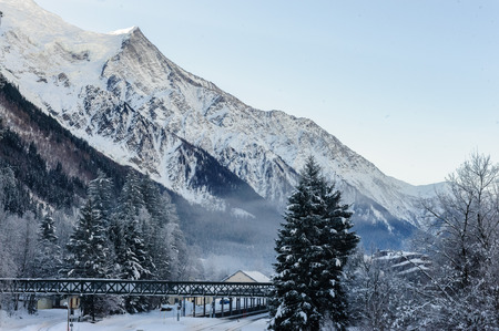 CHAMONIX DE MONT BLANC, FRANCE, DECEMBER 24, 2017. Snow covered streets of Chamonix de Mont Blanc in early winter. This popular tourist destination was hit by massive snow fall around this time.のeditorial素材