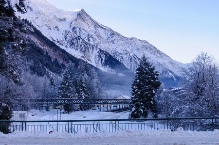 CHAMONIX DE MONT BLANC, FRANCE, DECEMBER 24, 2017. Snow covered streets of Chamonix de Mont Blanc in early winter. This popular tourist destination was hit by massive snow fall around this time.のeditorial素材