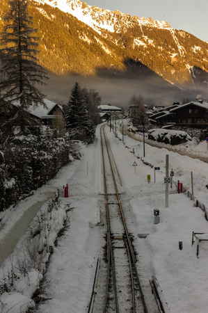 CHAMONIX DE MONT BLANC, FRANCE, DECEMBER 24, 2017. Snow covered streets of Chamonix de Mont Blanc in early winter. This popular tourist destination was hit by massive snow fall around this time.のeditorial素材