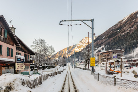 CHAMONIX DE MONT BLANC, FRANCE, DECEMBER 24, 2017. Snow covered streets of Chamonix de Mont Blanc in early winter. This popular tourist destination was hit by massive snow fall around this time.のeditorial素材