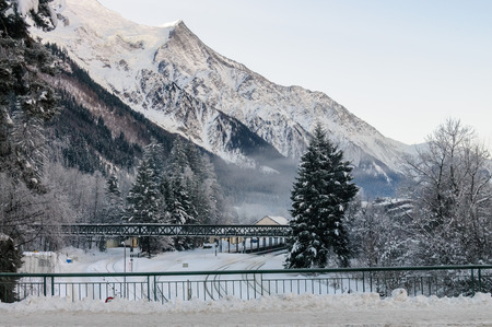 CHAMONIX DE MONT BLANC, FRANCE, DECEMBER 24, 2017. Snow covered streets of Chamonix de Mont Blanc in early winter. This popular tourist destination was hit by massive snow fall around this time.のeditorial素材