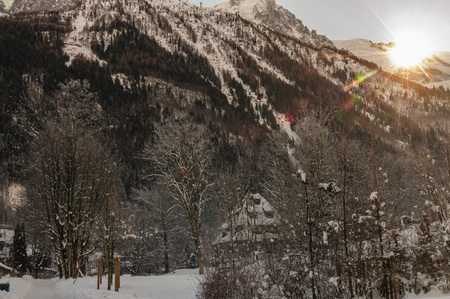 CHAMONIX DE MONT BLANC, FRANCE, DECEMBER 24, 2017. Snow covered streets of Chamonix de Mont Blanc in early winter. This popular tourist destination was hit by massive snow fall around this time.のeditorial素材