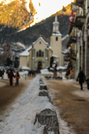 CHAMONIX DE MONT BLANC, FRANCE, DECEMBER 24, 2017. Snow covered streets of Chamonix de Mont Blanc in early winter. This popular tourist destination was hit by massive snow fall around this time.のeditorial素材