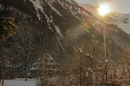 CHAMONIX DE MONT BLANC, FRANCE, DECEMBER 24, 2017. Snow covered streets of Chamonix de Mont Blanc in early winter. This popular tourist destination was hit by massive snow fall around this time.のeditorial素材