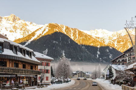 CHAMONIX DE MONT BLANC, FRANCE, DECEMBER 24, 2017. Snow covered streets of Chamonix de Mont Blanc in early winter. This popular tourist destination was hit by massive snow fall around this time.のeditorial素材