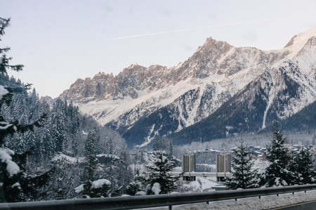 CHAMONIX DE MONT BLANC, FRANCE, DECEMBER 24, 2017. Snow covered streets of Chamonix de Mont Blanc in early winter. This popular tourist destination was hit by massive snow fall around this time.のeditorial素材