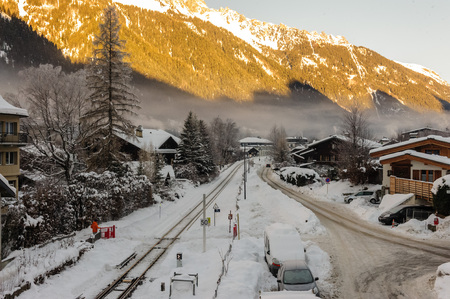 CHAMONIX DE MONT BLANC, FRANCE, DECEMBER 24, 2017. Snow covered streets of Chamonix de Mont Blanc in early winter. This popular tourist destination was hit by massive snow fall around this time.のeditorial素材