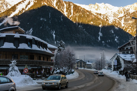 CHAMONIX DE MONT BLANC, FRANCE, DECEMBER 24, 2017. Snow covered streets of Chamonix de Mont Blanc in early winter. This popular tourist destination was hit by massive snow fall around this time.のeditorial素材