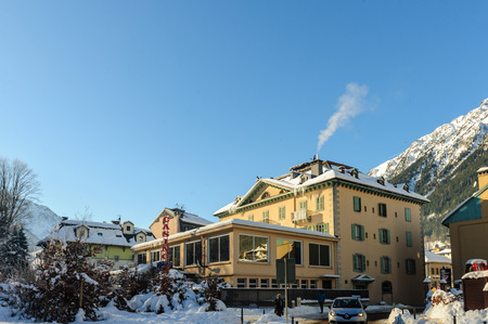CHAMONIX DE MONT BLANC, FRANCE, DECEMBER 24, 2017. Snow covered streets of Chamonix de Mont Blanc in early winter. This popular tourist destination was hit by massive snow fall around this time.のeditorial素材