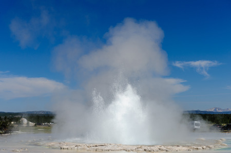 Eruption of the great Fountain Geyser in Yellowstone National Parkの写真素材