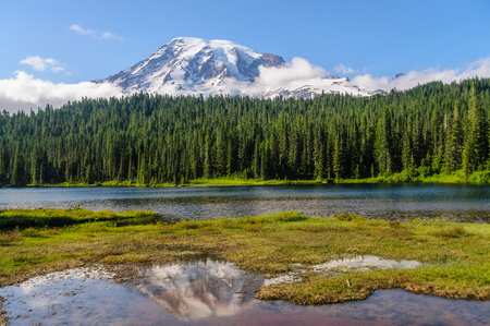 Mount Rainier and reflection lake in the late evening lightの写真素材