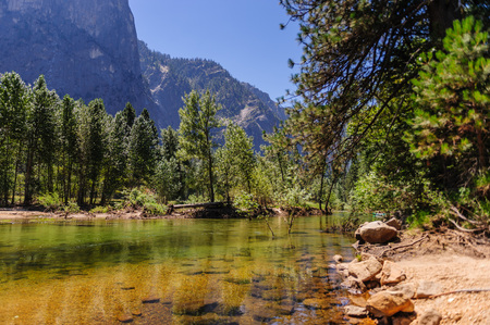 The Merced river on a sunny summers afternoon, flowing through Yosemite Valley. Yosemite National Park, California.の写真素材