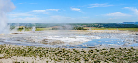 A panoramic overview of the Smoking Geysers in the Norris Geyser Basin Area in Yellowstone National Parkの写真素材