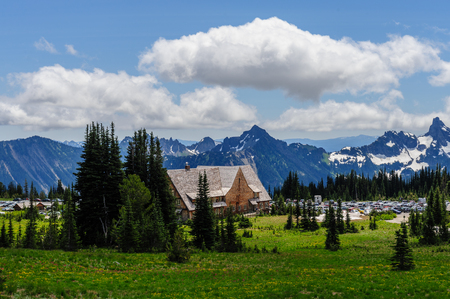 Overview of the Sunrise visitor center and parking area on Mount Rainier, on a summer afternoon.の写真素材