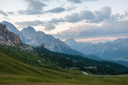 Landscape shot at the Passo di Giau, in the the Italian Dolomites, during the Golden Hour.の写真素材