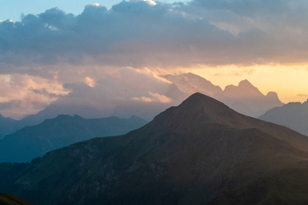 Landscape shot at the Passo di Giau, in the the Italian Dolomites, during the Golden Hour.の写真素材