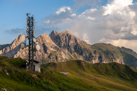 Tree growing on a rock. Scene from a a sunset at the Italian Giao Pass in the Dolomites.の写真素材