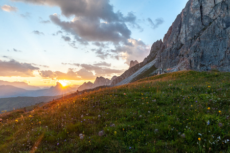 Landscape shot at the Passo di Giau, in the the Italian Dolomites, during the Golden Hour.の写真素材