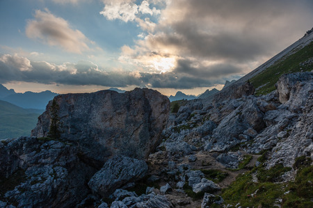 Landscape shot at the Passo di Giau, in the the Italian Dolomites, during the Golden Hour.の写真素材