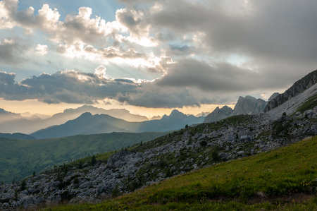 Landscape shot at the Passo di Giau, in the the Italian Dolomites, during the Golden Hour.の写真素材