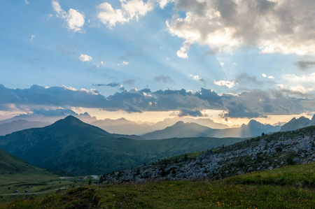 Landscape shot at the Passo di Giau, in the the Italian Dolomites, during the Golden Hour.の写真素材