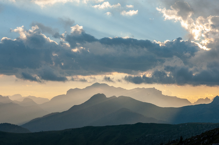 Landscape shot at the Passo di Giau, in the the Italian Dolomites, during the Golden Hour.の写真素材