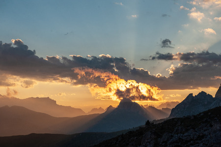 Sunset at the Passo di Giau, in the Italian Dolomites, on a late July evening.の写真素材
