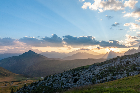 Sunset at the Passo di Giau, in the Italian Dolomites, on a late July evening.の写真素材