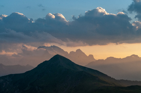 Landscape shot at the Passo di Giau, in the the Italian Dolomites, during the Golden Hour.の写真素材