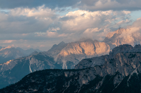 Landscape shot at the Passo di Giau, in the the Italian Dolomites, during the Golden Hour.の写真素材