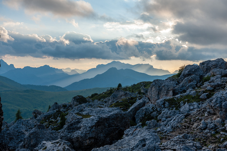 Landscape shot at the Passo di Giau, in the the Italian Dolomites, during the Golden Hour.の写真素材