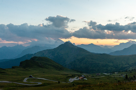 Landscape shot at the Passo di Giau, in the the Italian Dolomites, during the Golden Hour.の写真素材