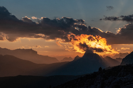 Landscape shot at the Passo di Giau, in the the Italian Dolomites, during the Golden Hour.の写真素材