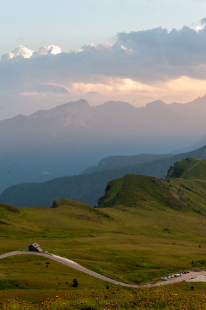 Looking down into the Valley from the Giau Pass in the Italian Dolomites at Sunset.の写真素材