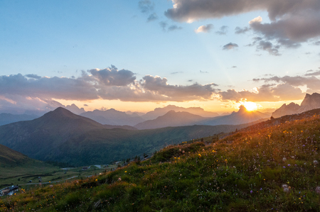 Landscape shot at the Passo di Giau, in the the Italian Dolomites, during the Golden Hour.の写真素材