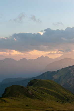 Landscape shot at the Passo di Giau, in the the Italian Dolomites, during the Golden Hour.の写真素材