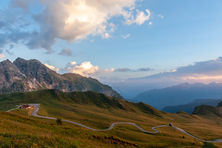Sunset at the Passo di Giau, in the Italian Dolomites, on a late July evening.の写真素材